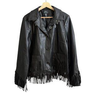 Urban Outfitters‎ Womens Western Embroidered Fringe Faux Leather Jacket Black L